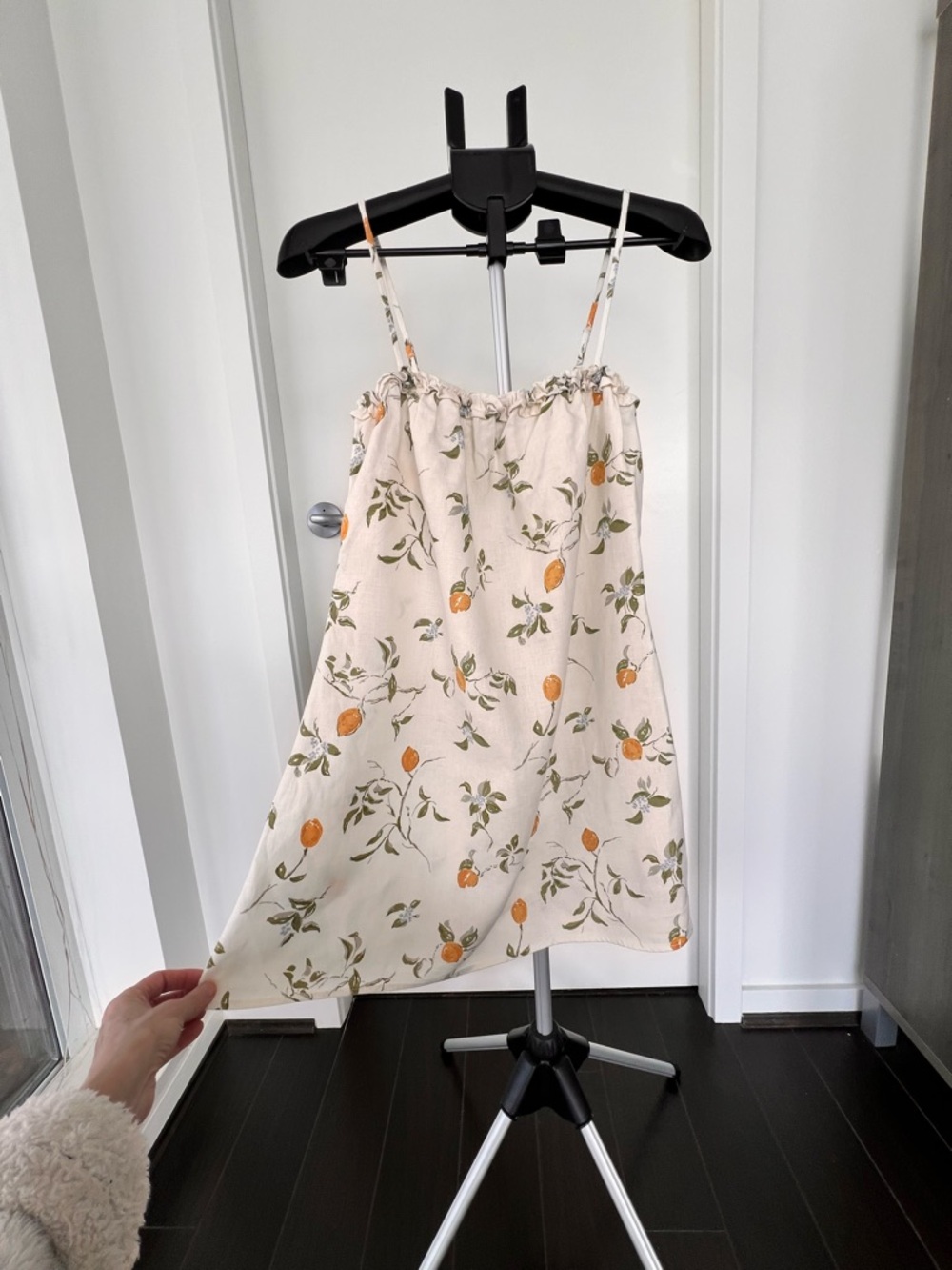 Reformation Cream Mini Dress with Orange and Green Fruit Print